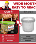 Comparison of storage containers; left shows ergonomic handled green box with screws, right shows cracked plastic bucket.