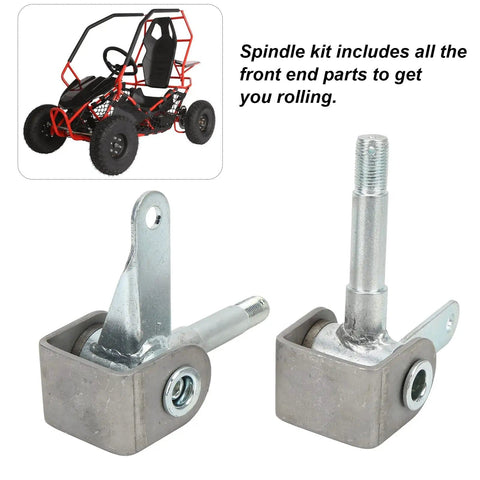 Go Kart Spindle Bracket Replacement Set 4.5 Inch By 5 Eighths Inch Right And Left Steel Alloy Steering Knuckle Bracket Durable Front Suspension Mounts For Rugged Track Use shown with a go-kart.