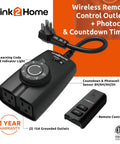 Heavy Duty Outdoor Weatherproof Dual Outlet Remote Control With Dusk To Dawn Sensor Programmable 24 Hour Timer with remote and cord.