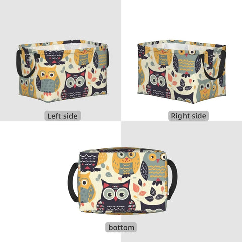 Rock Solid Rectangular Storage Basket With Handles For Shelf Organization Hella Durable Waterproof Oxford Cloth Dope Cartoon Owl Design, left side view.