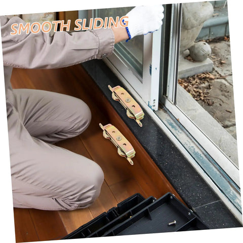Killer Golden Sliding Door Roller Wheels 2 Pack Replacement Pulleys installation with smooth bearings on wooden floor.