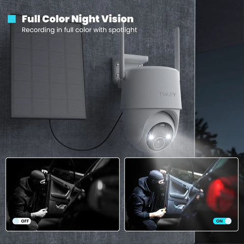 Solar Powered Outdoor Security Camera Kit With 2 4GHz WiFi 360 Degree PTZ Spotlight And Siren shown with color night vision.