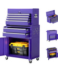 8 Drawer Rolling Tool Chest With Wheels Locking Detachable Cabinet Heavy Duty Steel Tool Cart With Liner And Hooks For Garage Workshop Warehouse Purple, open doors