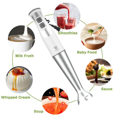 Immersion Hand Blender 3-in-1, 8-Speed Stick Blender With Milk Frother And Egg Whisk, Silver and White with Function Highlights