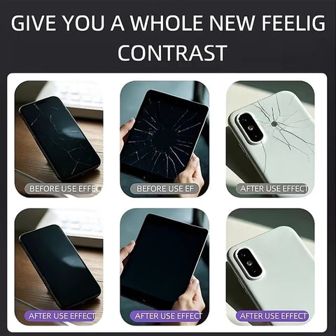 Universal Phone Screen Crack Repair Liquid And Scratch Filler Fluid For Smashed Glass Display Restoration Diy Touch Panel Clarity Fix Solution before and after comparison of smartphone screens.