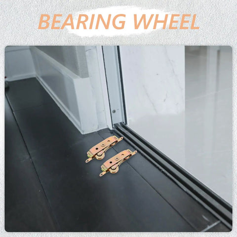 Heavy Duty Aluminum Alloy Sliding Door Rollers Featuring Double Bearing Wheels For Slick Patio Track Replacement And Complete Indoor Outdoor Gate Hardware Kit on black floor.