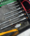 Magnetic Ratchet Holder Set For Toolbox with wrenches and sockets organized in a drawer, three modular tool holders visible