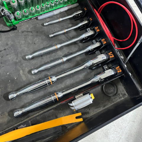 Magnetic Ratchet Holder Set For Toolbox with wrenches and sockets organized in a drawer, three modular tool holders visible