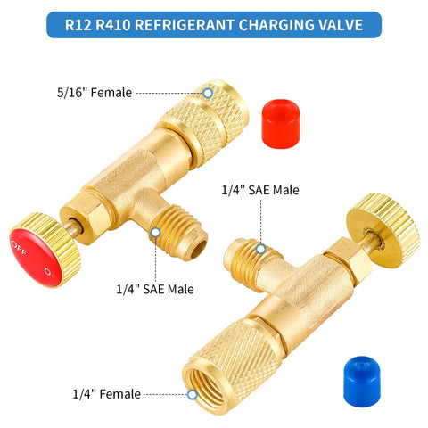 Heavy Duty R12 R22 R410 Refrigerant Charging Valve With Brass Tank Adapter Pro Game Changer Air Conditioner Manifold Quick Connect Fitting No Sweat Hvac Repair Tool showing brass fittings and color-coded caps.