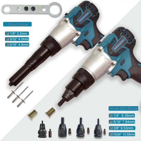 Cordless Electric Rivet Nut Gun With 26V Portable Battery for M3 to M12 setups, includes various nozzles and grip for easy operation.