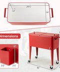 Red 80 Quart Rolling Cooler Ice Chest with Wheels and Bottle Opener, Party Ready Portable Bar Cart with dimensions shown
