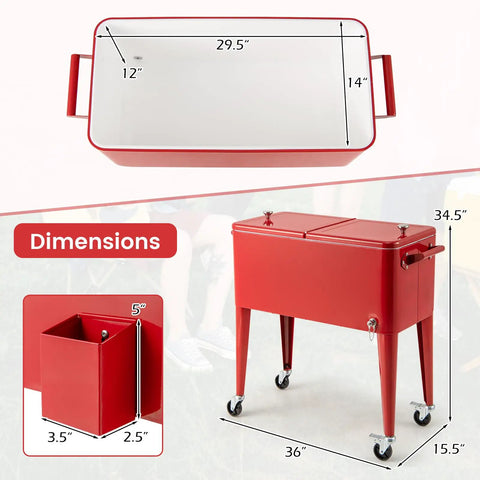 Red 80 Quart Rolling Cooler Ice Chest with Wheels and Bottle Opener, Party Ready Portable Bar Cart with dimensions shown