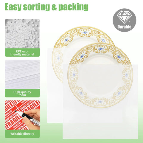 Sweet 570 Piece Foam Packing Supplies Kit for Moving Includes 270 Cushion Foam Pouches and Sheets in Four Sizes Along with 300 Writable Moving Labels to Protect All Your Dishes Glasses and Fragile Gear from Cracks during a Big Relocation Gig - EPE foam plates with cushion sheets.