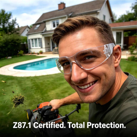 Shop Ready 12 Pack Safety Glasses For The Daily Hustle And Sports, Ansi Z87.1 Rated, clear protective eyewear for outdoor use.