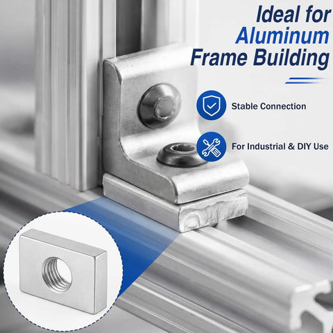 Real Deal M8 Sliding T Nuts For 4040 Aluminum Extrusion Bulk Pack Of 50 Zinc Coated Steel Block Fasteners close-up on aluminum frame.