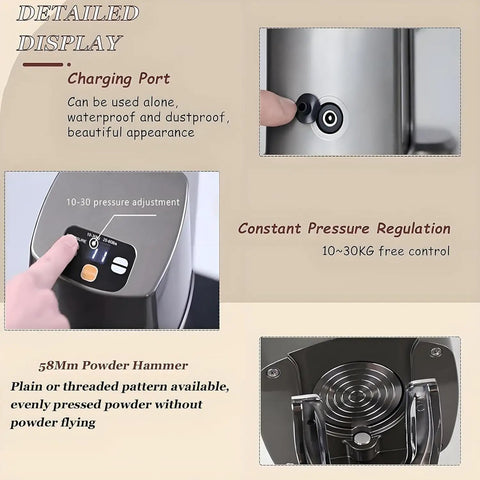 Superior Electric Espresso Tamper Featuring Hella Adjustable 58mm Base And Straight Up 22 To 66 Pounds Of Firm Pressure For Dead Simple Coffee Presses That Pull Flawless Shots Daily. Image of pressure adjustment and charging port.