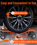 Heavy Duty Car Wheel Dolly Set Four Pack Heavy Gauge Steel Build Rust Proof Finish No Hassle Setup For Smooth Garage Rolling Of Cars Trucks And Small Vessels Ready To Haul Any Ride Orange, under a car tire being lifted