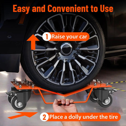 Heavy Duty 4000 Lbs Car Wheel Dolly Set Two Piece Tire Rolling Platform For Cars Trucks Motorcycles And Boats showing a dolly placed under a tire.