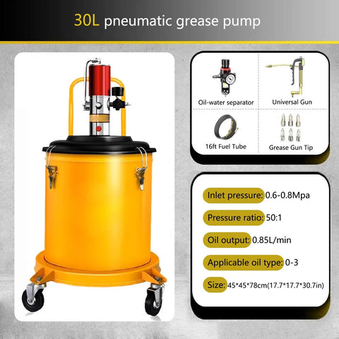 Rock Solid Air Powered Grease Pump For 5 Gallon Drums With Rolling Base And 16 Foot Hose Easy Turn Pressure Knob with 30L capacity.