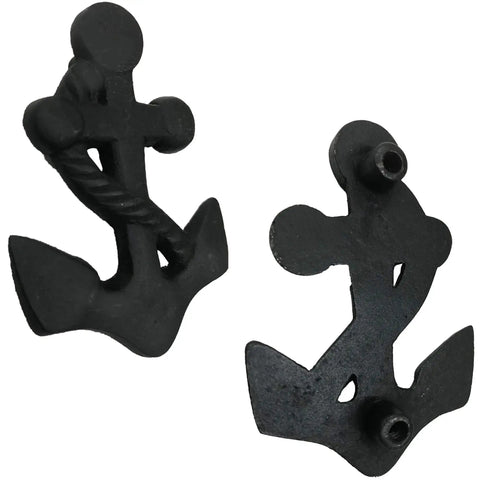 Top Shelf Nautical Anchor Cabinet Knobs 3 Inch Black Wrought Iron Drawer Pulls With Slick Finish For Dresser And Closet Furniture Vibe Up Your Home Decor Pack Of Two, close-up view of two black iron anchor pulls.