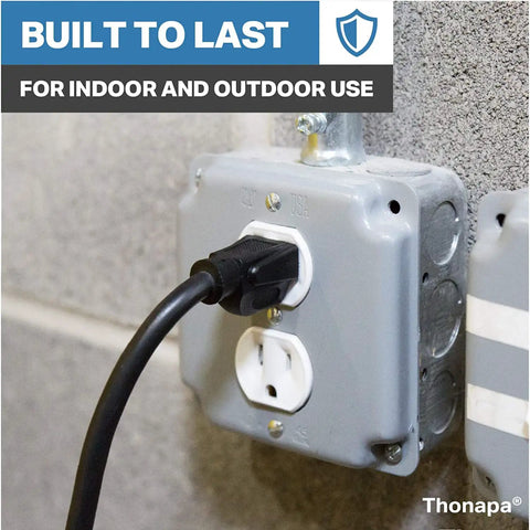 14 Gauge Extension Cord 25 Ft Outdoor 14/3 Heavy Duty Power Cable 3 Prong Grounded Plug connected to electrical outlet.
