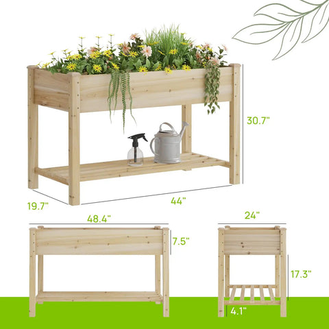 Raised Wood Planter Box On Legs With Storage Shelf For Vegetables Flowers And Herbs Outdoor Garden Bed For Backyard Patio Or Balcony Easy Setup No Fuss Assembly Natural Finish 48x24x30.7 Inches with measurements