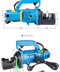 Portable Hydraulic Rebar Cutter 4-20mm Electric Steel Rope Cutting Tool shown with dimensions and accessories