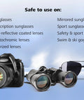 ZEISS pre-moistened sunglasses cleaning wipes banner; sunglasses, camera, and binoculars on a blue gradient background