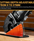 Close-up of Compact Electric Mini Circular Saw With Adjustable Depth Dial showing cutting depth from 0 to 27mm on wood.