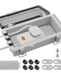 Mini Outdoor Extension Cord Cover Box With Clear View Lid For Secure Outlet Plug Protection And Heavy-Duty Weatherproof Shielding showing open box with wiring.