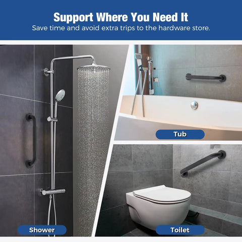 Straight Up Heavy Duty 16 Inch Shower Grab Bars Matte Black Stainless Steel Safety Handles For Bathroom Wet Room Rock Solid Support Two Pack shown in shower, tub, and toilet settings.