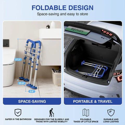 Rock Solid Foldable Toilet Safety Rail For Seniors With Adjustable Height And Width Heavy Duty Aluminum Grab Bar Supports Up To 350 Pounds stored folded in car trunk and by toilet.