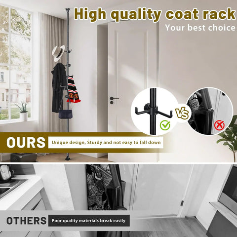 Freestanding Coat Rack With 56-125 Inch Adjustable Tension Rod 12 Hook Coat Tree Stand For Hallway Entryway Living Room Bedroom Kitchen Office No Drill Setup Black in use in modern room displaying durability.