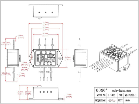 Technical diagram of 12V Reversing Relay Module For Motors And Linear Actuators, 10 Amp Capacity With Limit Switch Support.
