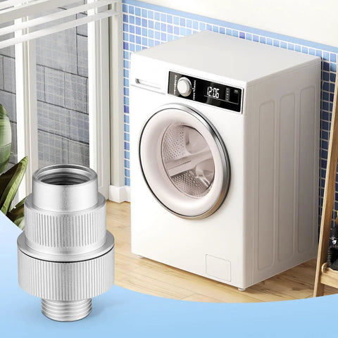 Heavy Duty Inline Water Filter For Washers No Drama Leak Proof Aluminum Body Beats Cheap Plastic Sediment Remover With Solid Seals And Straight Up Dependable Results next to a washing machine in a modern laundry room.