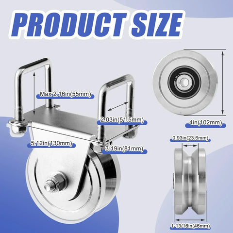 Two Pack Of Four Inch V Groove Gate Rollers Offer Rock Solid 3000 Lb Load Rating With Galvanized Steel Mount Brackets and size measurements.
