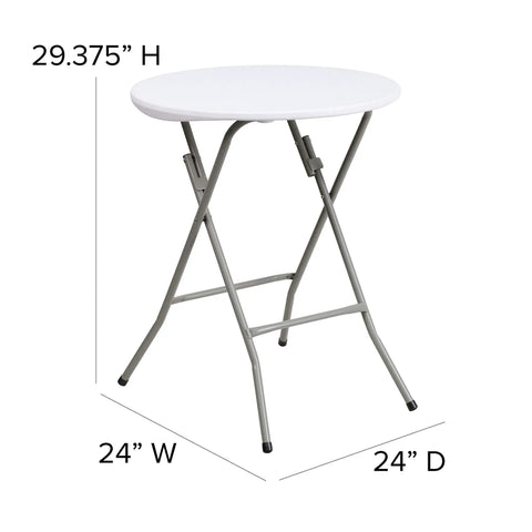 Two Foot Round Folding Event Table White Plastic Banquet Table For Indoor Outdoor Use with metal legs, 24x24x29.375 inches