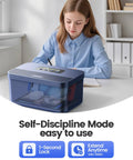 Timed Phone Lock Box for Real Focus and Serious Digital Detox with a user writing beside the lockbox on a desk.