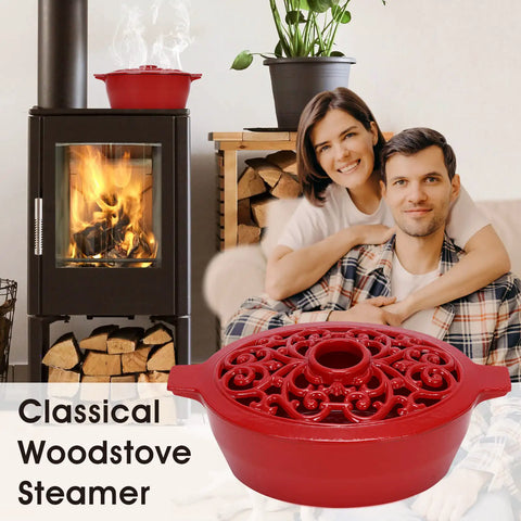 Heavy Cast Iron Wood Stove Steamer With Rust Resistant Enamel Finish that releases steady moisture on a stove.