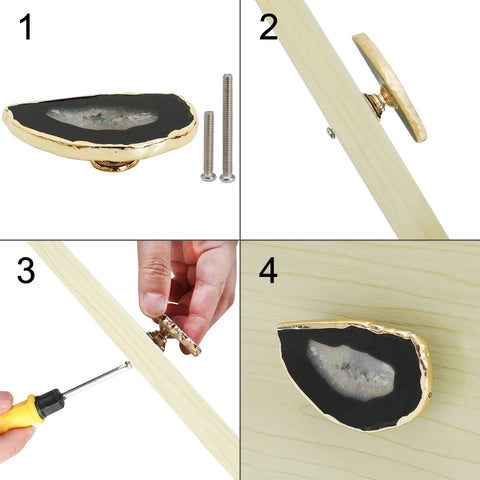 Total Game Changer Natural Black Agate Cabinet Knobs With Heavy Duty Brass Mounting And Polished Gold Plated Drawer Pulls Set Of Four For Clean Bedroom Refresh installation steps with brass screws and detailed views.