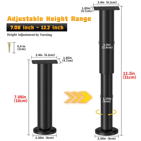 Diagram showing Six Pack Adjustable Height Bed Support Legs 7.08 to 12.2 Inches, highlighting adjustable metal legs dimensions and components.