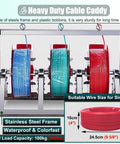 Collapsible Wire Spool Rack Cable Caddy with stainless steel frame holding three colored reels for easy cable storage