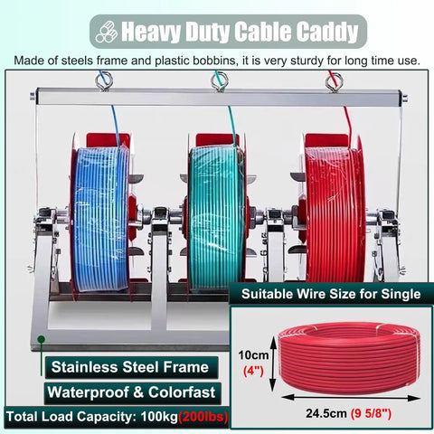 Collapsible Wire Spool Rack Cable Caddy with stainless steel frame holding three colored reels for easy cable storage