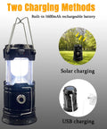 Collapsible Portable LED Camping Lantern 4 Pack, Waterproof Solar USB Rechargeable showing two charging methods