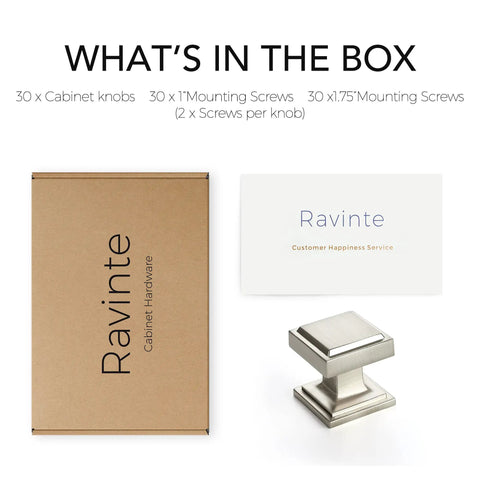 Box contents for 30 Pack Brushed Nickel Square Cabinet Knobs And Drawer Pulls Set For Kitchen Cabinets, including screws and knob detail.