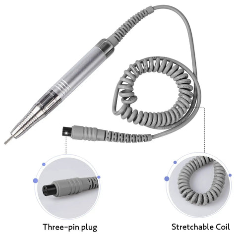 Brushless Nail Drill Handpiece With Adjustable 0 To 35000 RPM Quiet Magnetic Motor Wear Free Long Life Over 1000 Hours Superior Precision And Smooth Sanding For Mani Pedi Pros, showing three-pin plug and stretchable coil