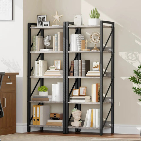 No Fuss Five Tier Industrial Bookcase With Sturdy Metal Frame And Secure Back Barrier Sweet Vertical Storage Organizer That Looks Dang Fine In Any Living Room Or Home Office Greige And Black displayed with books and decor in corner.