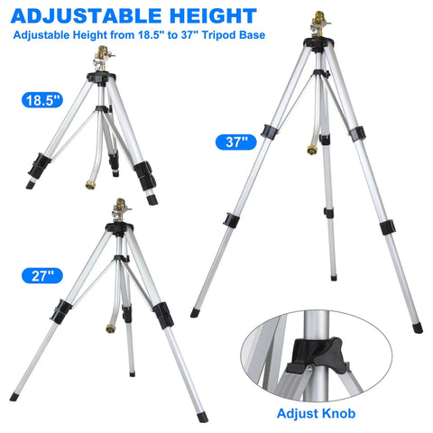 Tripod Lawn Sprinklers Pack Of 2 Heavy Duty 360 Degree Coverage for Yard and Garden showing adjustable height settings 18.5 to 37 inches