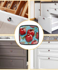 Red Fruit Glass Cabinet Knobs Set Of Four Featuring Bold Square Shapes And Smooth Edges Ideal For Kitchen Drawers And Dressers in real home settings.