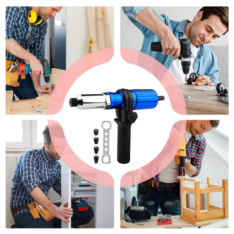 Attachment Kit For Drill With High Torque Pop Rivet Head used in woodworking and construction projects.
